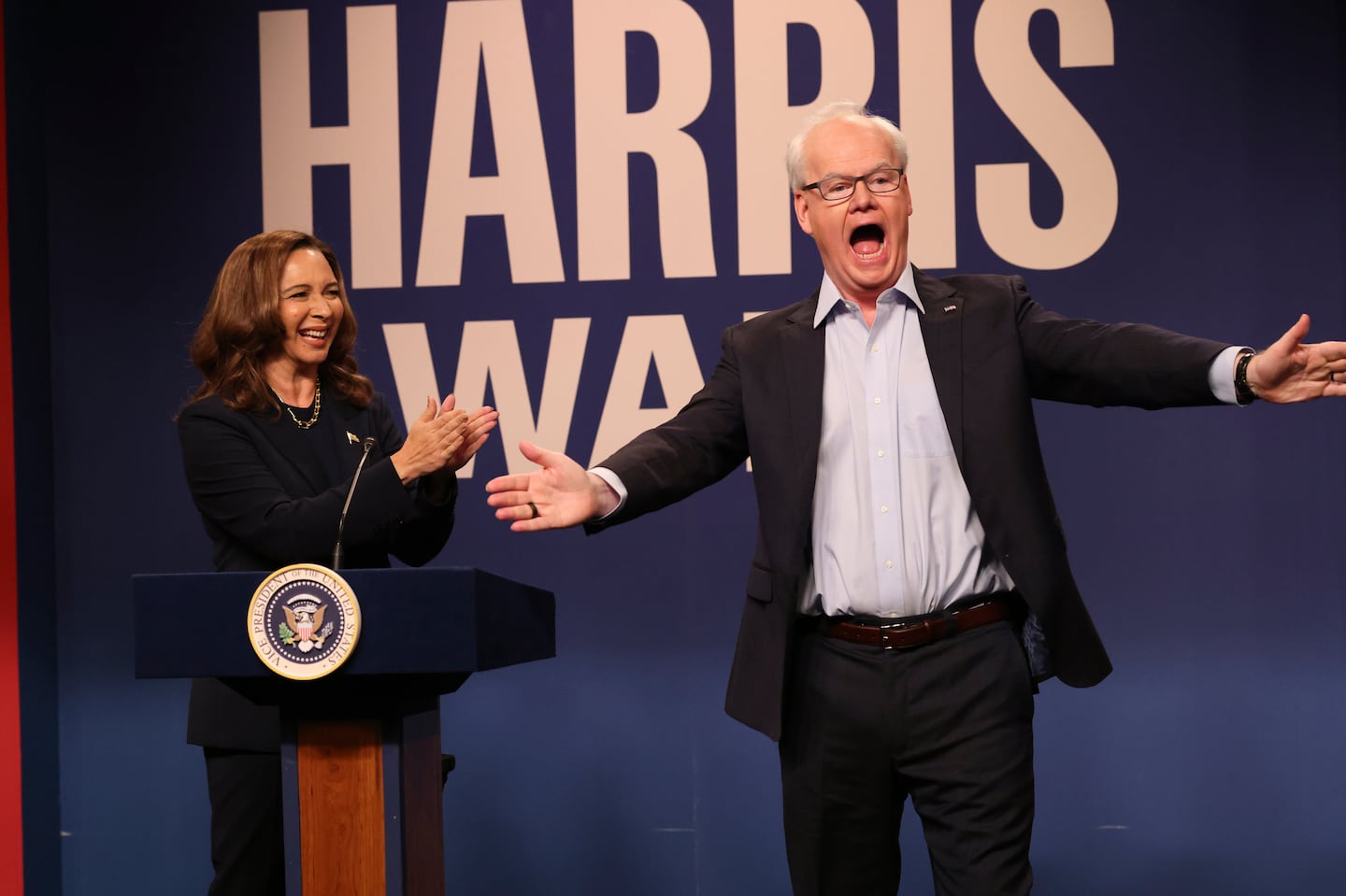 Maya Rudolph as Kamala Harris and Jim Gaffigan as Tim Walz on "Saturday Night Live" Sept. 28.