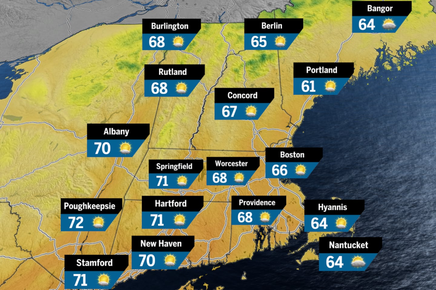 Despite mostly sunny skies on Sunday, temperatures will stall in the mid- to upper 60s.