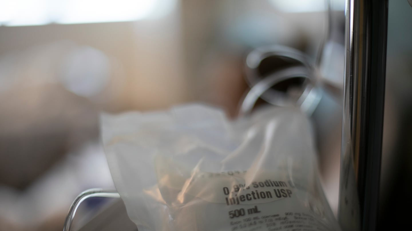 A sealed bag containing a saline IV solution at a hospital in Portland, Ore., in 2020