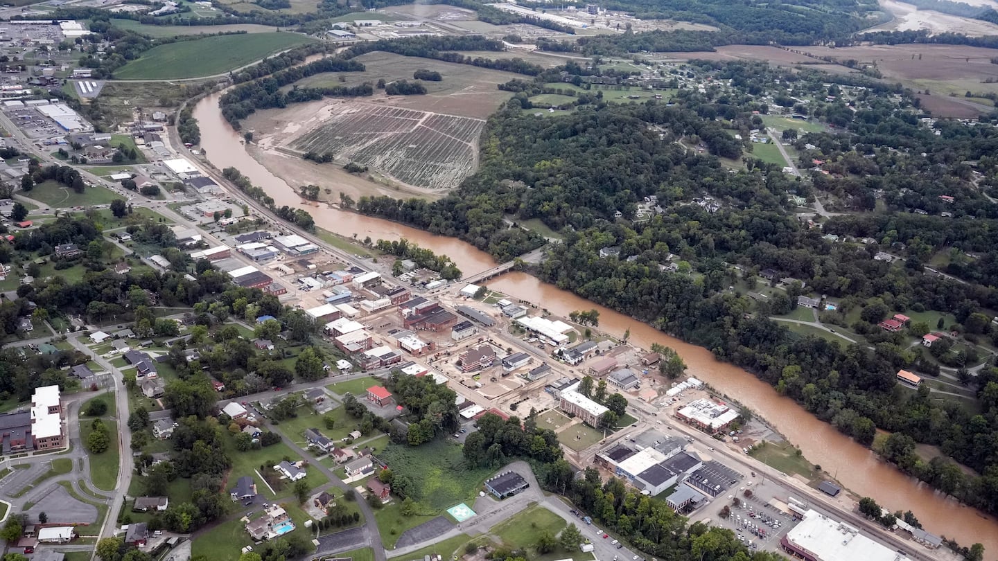 An aerial view of flood damage along the Pigeon River left by Hurricane Helene on Sept. 28 in Newport, Tenn.