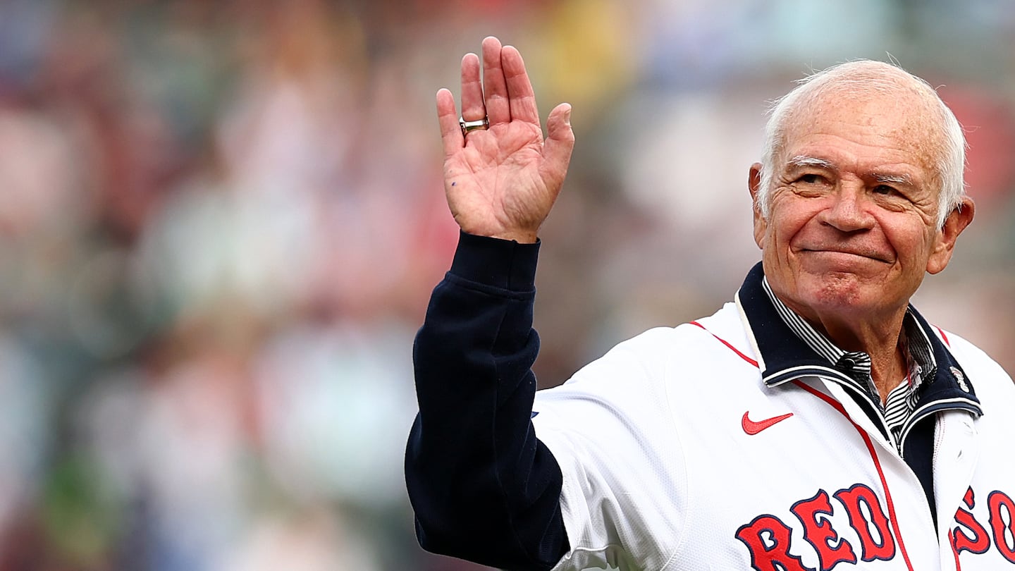 Hall of Fame broadcaster Joe Castiglione waved to fans before the game between the Tampa Bay Rays and Boston Red Sox at Fenway Park on Sept. 29 in Boston.