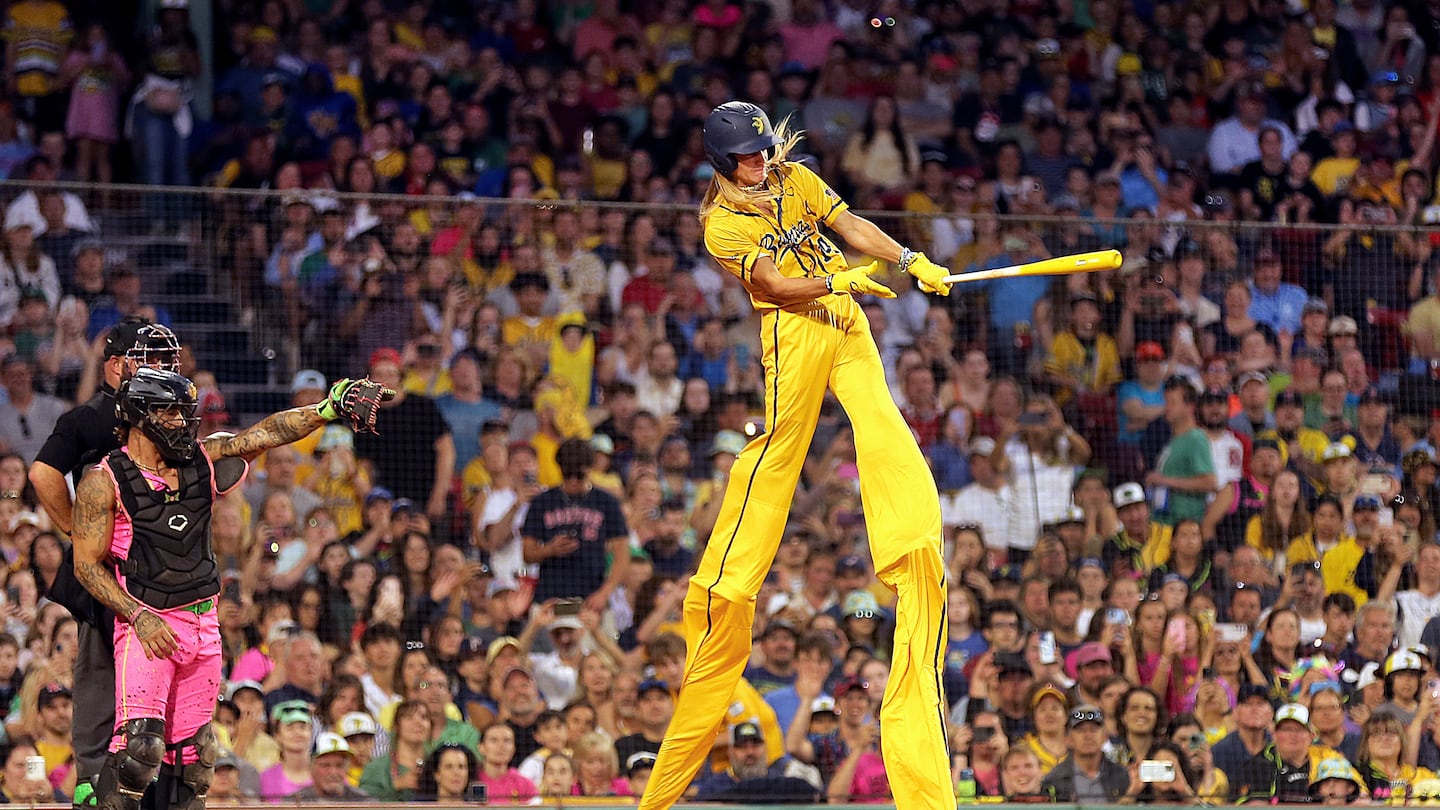 Dakota “Stilts” Albritton hits during the Bananas' visit to Fenway Park in June.