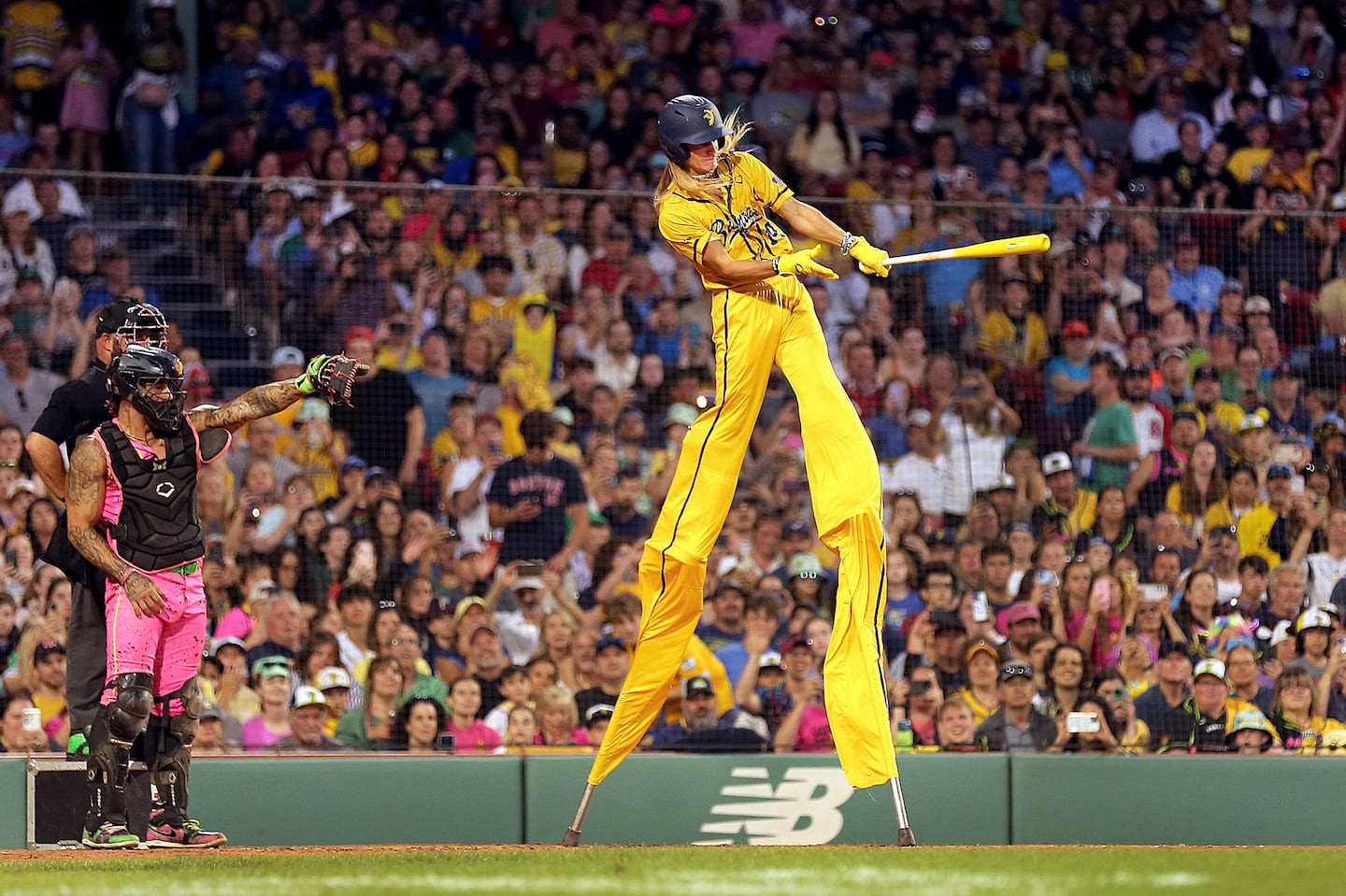 Dakota “Stilts” Albritton hits during the Bananas' visit to Fenway Park in June.