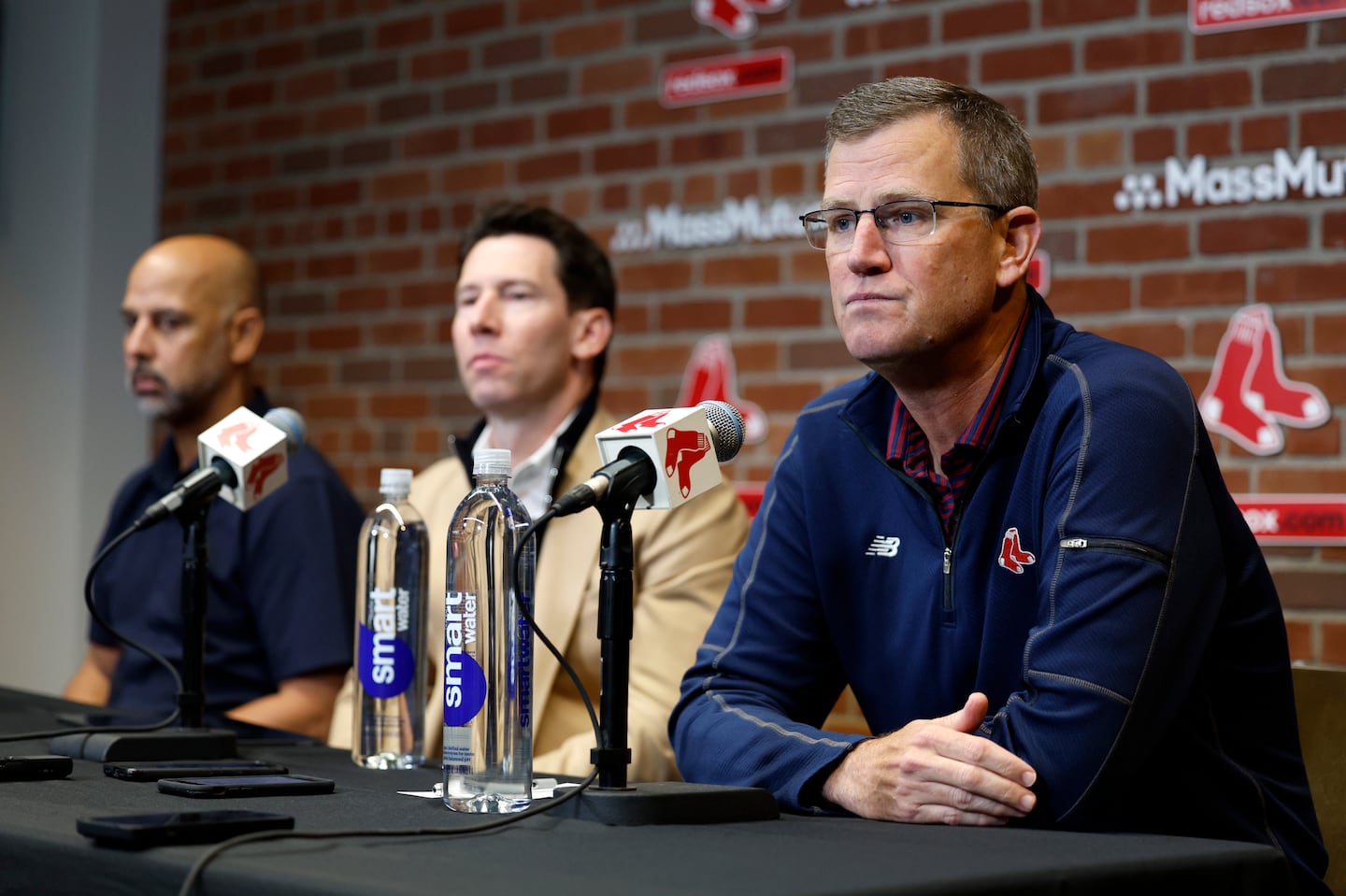 Manager Alex Cora, chief baseball officer Craig Breslow, and team president Sam Kennedy (left to right) discussed the 2024 Red Sox season in a press conference last Monday.