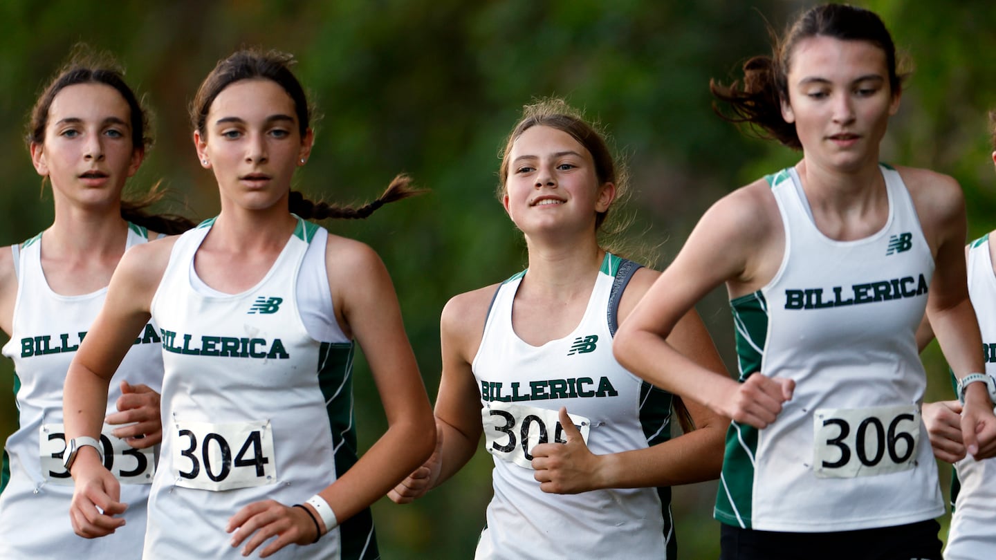 Billerica has loaded the trails of Eastern Massachusetts with young talent, with (from left) freshmen sisters Caitlyn and Kylie Donahue, and sophomores Emma Ausilio (305) and Madelynn LaRosa (306) powering the Indians to a 6-0 start.