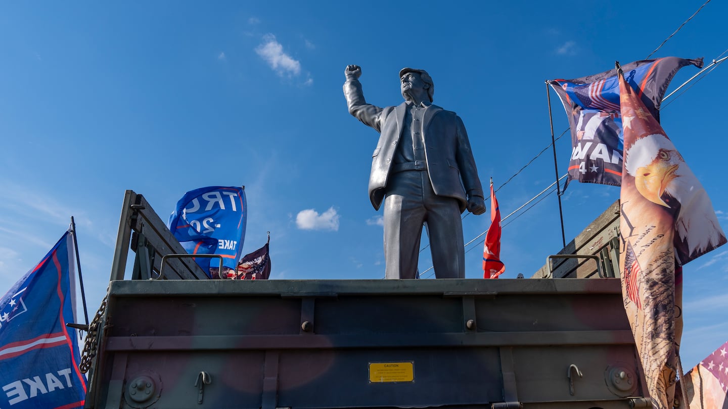 A statue of Republican presidential nominee former president Donald Trump is set up on a truck ahead of a campaign event at the Butler Farm Show, Oct. 4, in Butler, Pa.