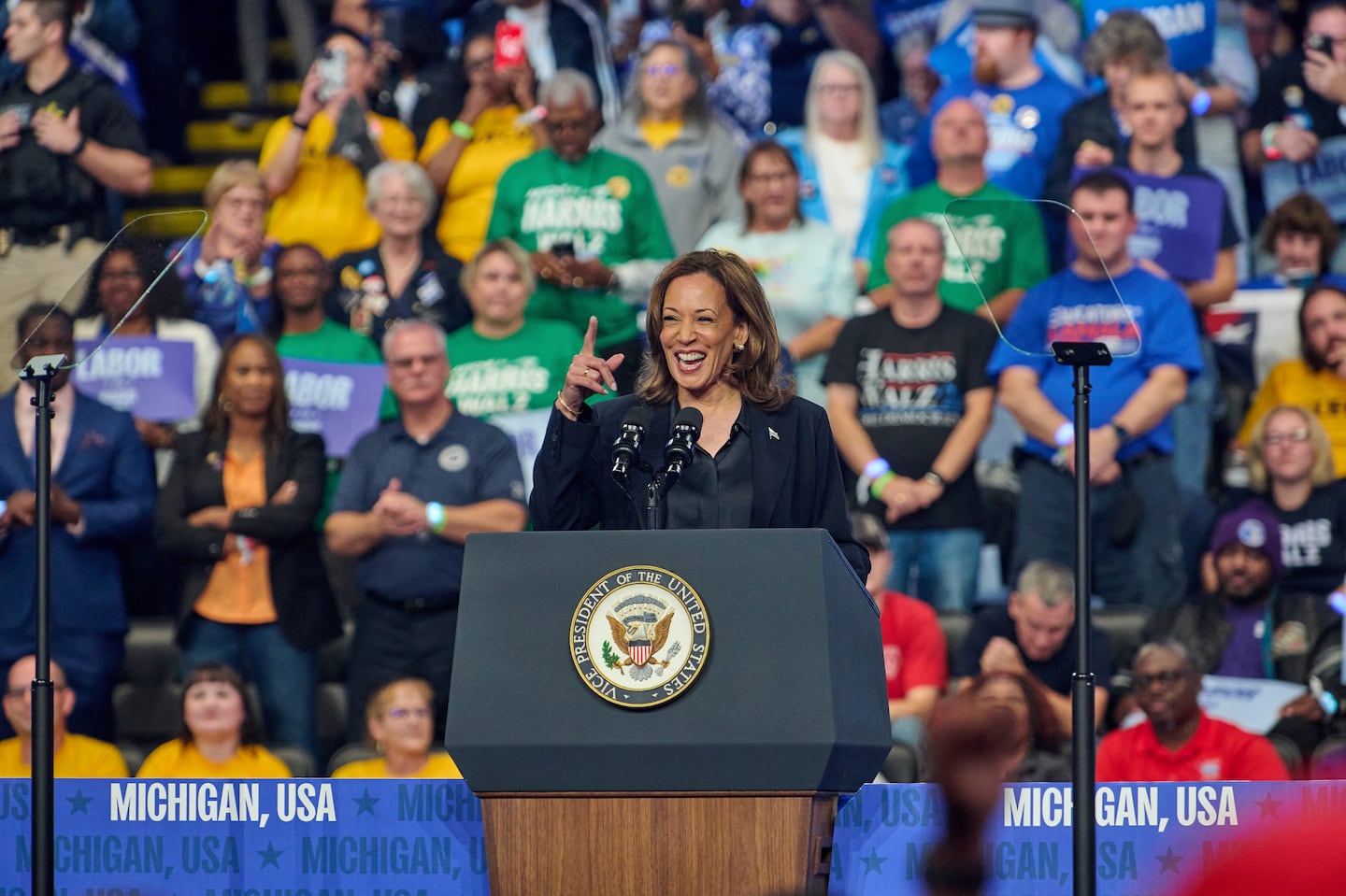 Vice President Kamala Harris speaks during a rally at the Dort Financial Center in Flint, Mich., during the 2024 presidential campaign, on Oct. 4.