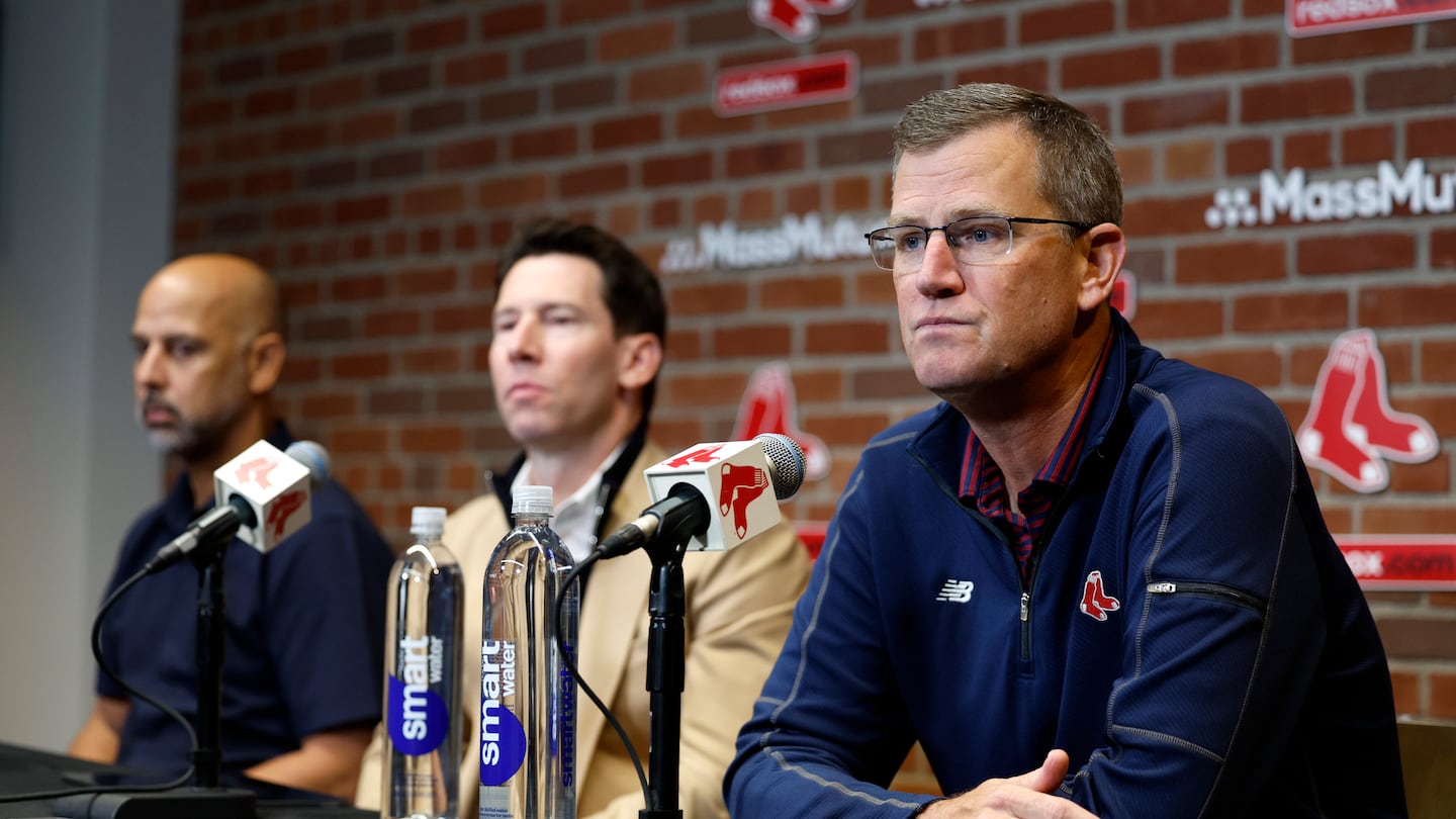 Manager Alex Cora, chief baseball officer Craig Breslow, and team president Sam Kennedy (left to right) discussed the 2024 Red Sox season in a press conference last Monday.