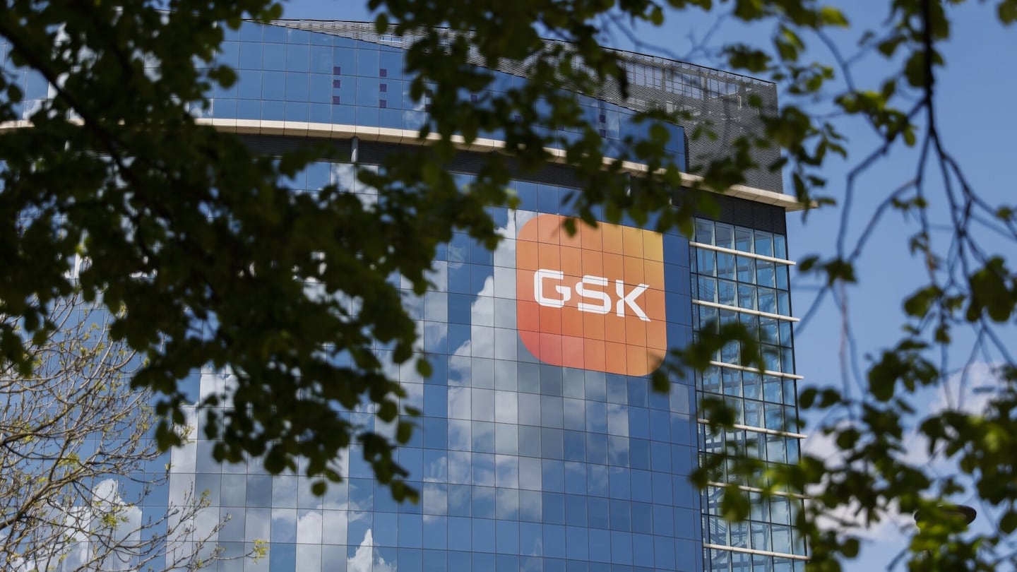 The logo of GSK Plc displayed at the company's headquarters in the Brentford suburb of London, UK, on April 30.