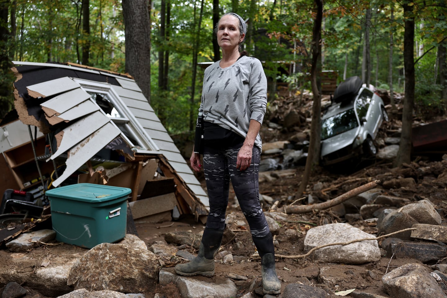 Liesl Steiner was at her home in Swannanoa, North Carolina, on Saturday. Steiner said a mudslide carrying rocks and boulders tumbled down the mountain and through part of her property.