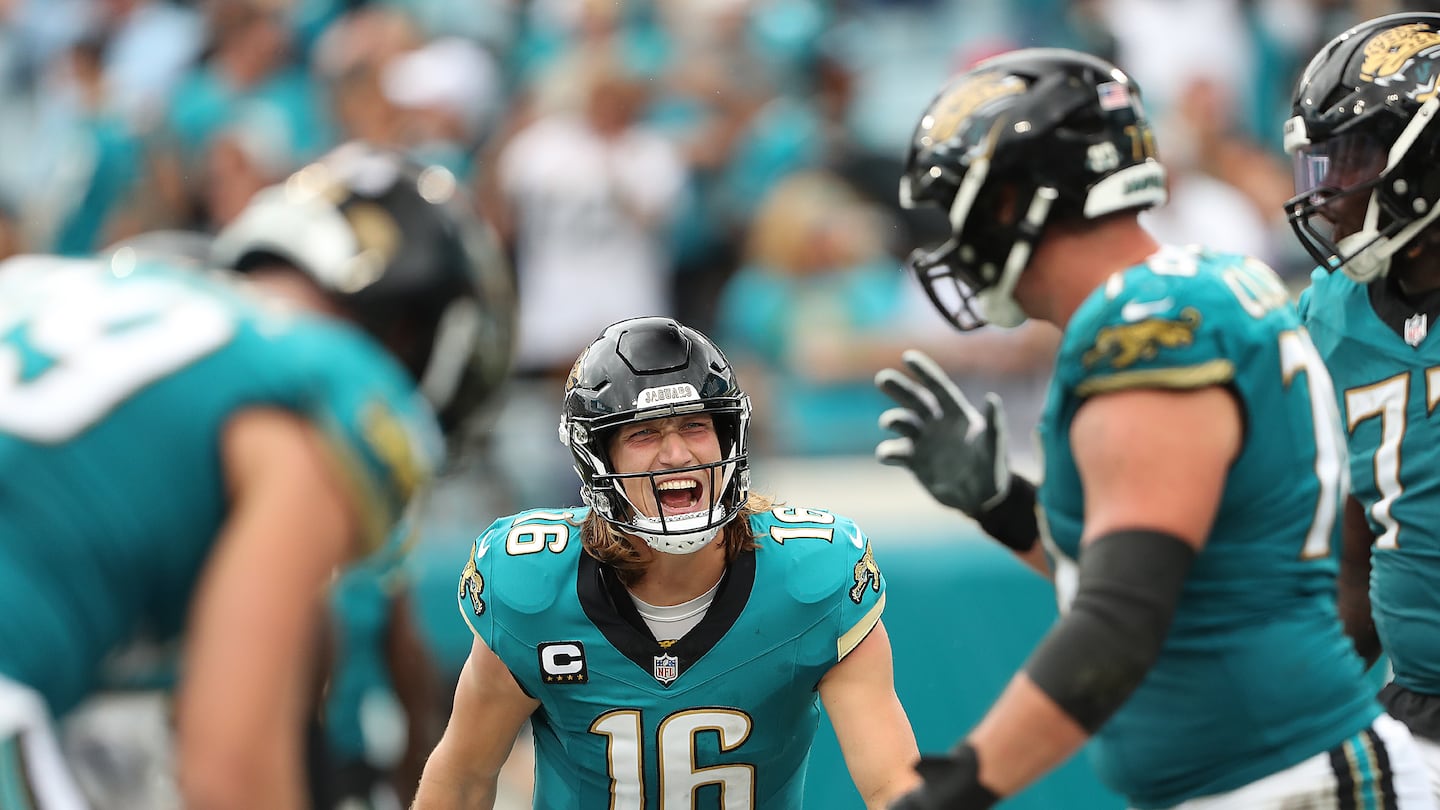 Jaguars quarterback Trevor Lawrence celebrates during the fourth quarter against Colts.