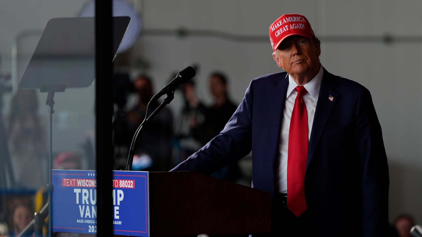 Republican presidential nominee former president Donald Trump spoke during a campaign rally at Dodge County Airport on Sunday in Juneau, Wis.