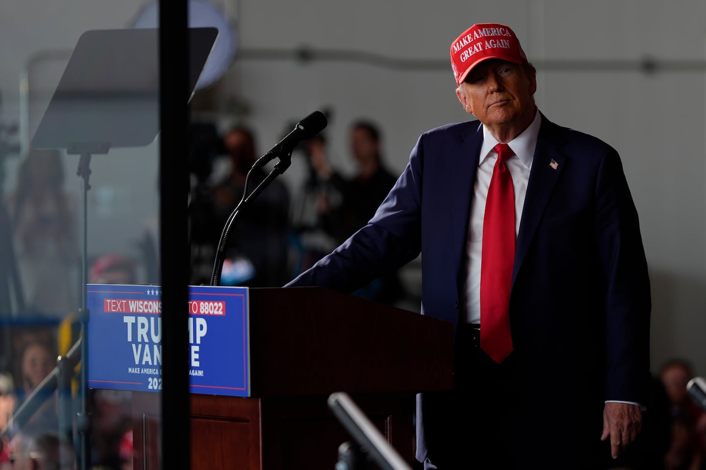 Republican presidential nominee former president Donald Trump spoke during a campaign rally at Dodge County Airport on Sunday in Juneau, Wis.