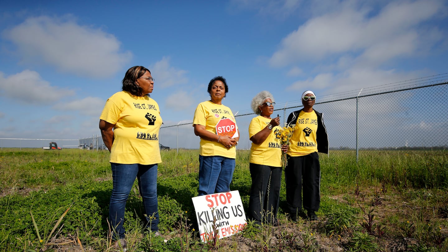 From left, Myrtle Felton, Sharon Lavigne, Gail LeBoeuf, and Rita Cooper, members of RISE St. James, conduct a live stream video on property owned by Formosa in St. James Parish, La., March 11, 2020.