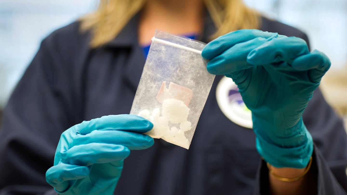 A bag of 4-fluoro isobutyryl fentanyl displayed at the Drug Enforcement Administration Special Testing and Research Laboratory in Sterling, Va., on Aug. 9, 2016.