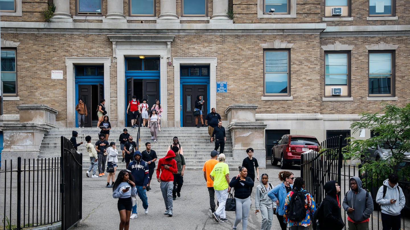 Students walked out of Excel Academy in South Boston (formerly South Boston High School) at the end of a school day on June 6.