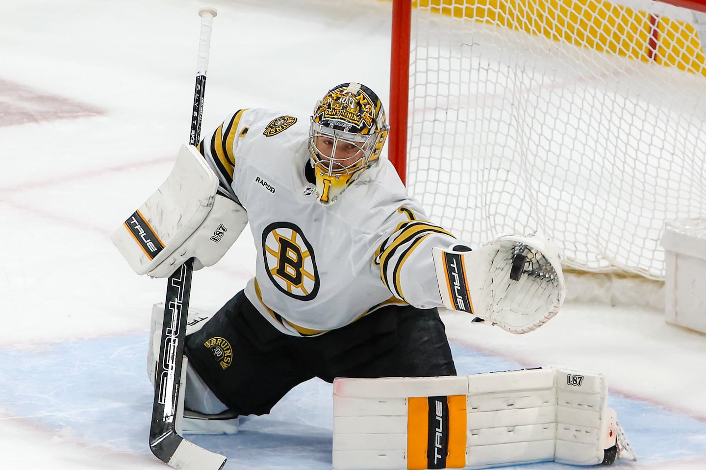 Sunrise FL   5/14/24  15bruins  Boston Bruins goalie Jeremy Swayman (1) makes a save against the Florida Panthers during second period action in game five of the Eastern Conference NHL second round Playoff game at Amerant Bank Arena.  Photo by Matthew J Lee/Globe Staff