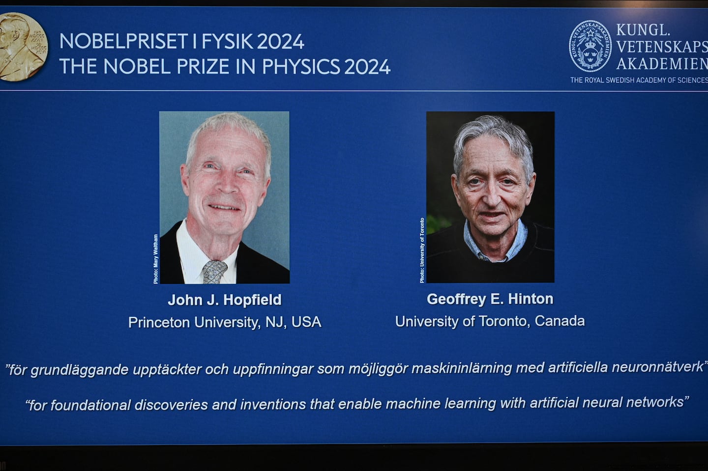 The laureates of the 2024 Nobel Prize in Physics, US physicist John J. Hopfield and Canadian-British computer scientist and cognitive psychologist Geoffrey E. Hinton, during the announcement by the Royal Swedish Academy of Sciences in Stockholm, Sweden on Tuesday.