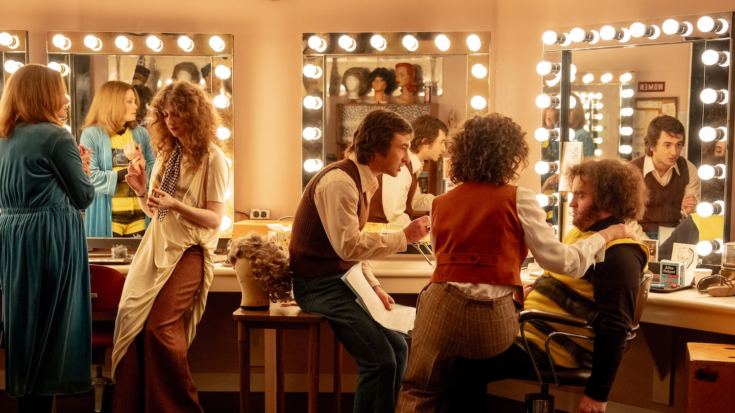 Jane Curtin (Kim Matula), Laraine Newman (Emily Fairn), Lorne Michaels (Gabriel LaBelle), Rosie Shuster (Rachel Sennott), and John Belushi (Matt Wood) in the makeup room in "Saturday Night."