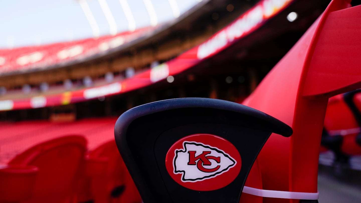 The Kansas City Chiefs logo is seen on a seat in Arrowhead Stadium.