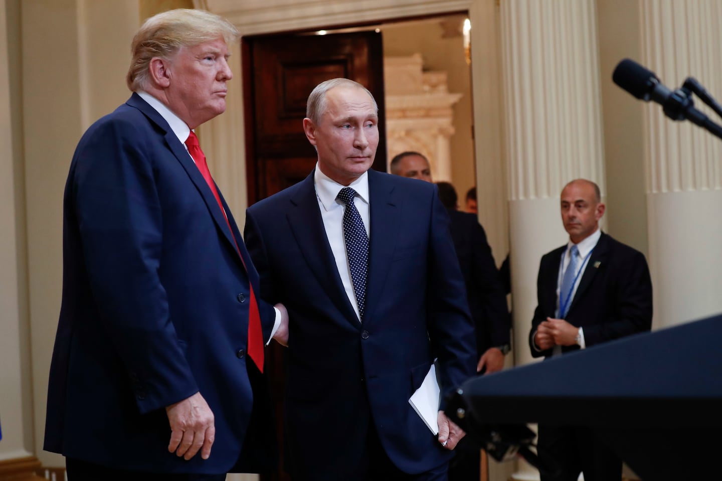 Then-president Donald Trump and Russian President Vladimir Putin at a joint news conference in Helsinki, Finland, on July 16, 2018.