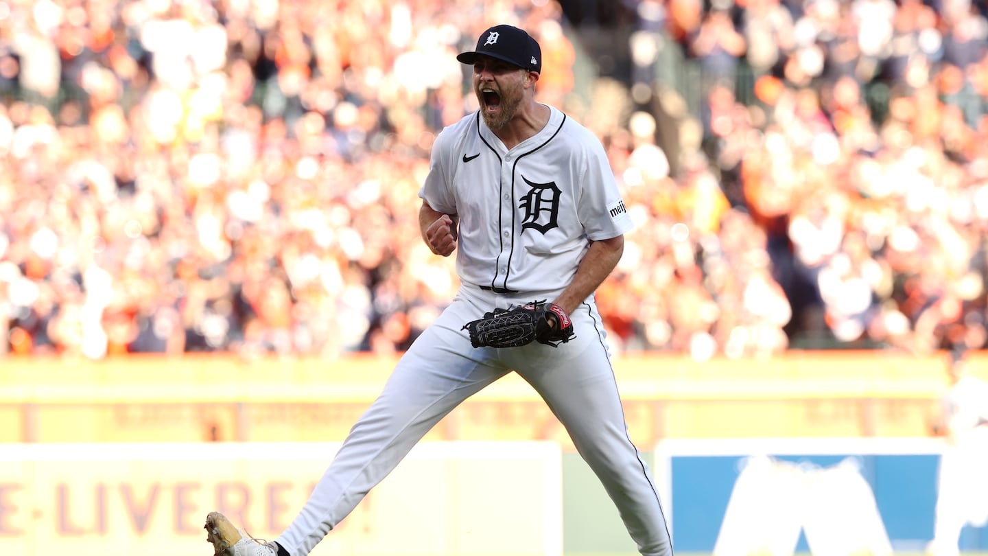 Will Vest of the Tigers reacts after striking out Lane Thomas to end the eighth inning.