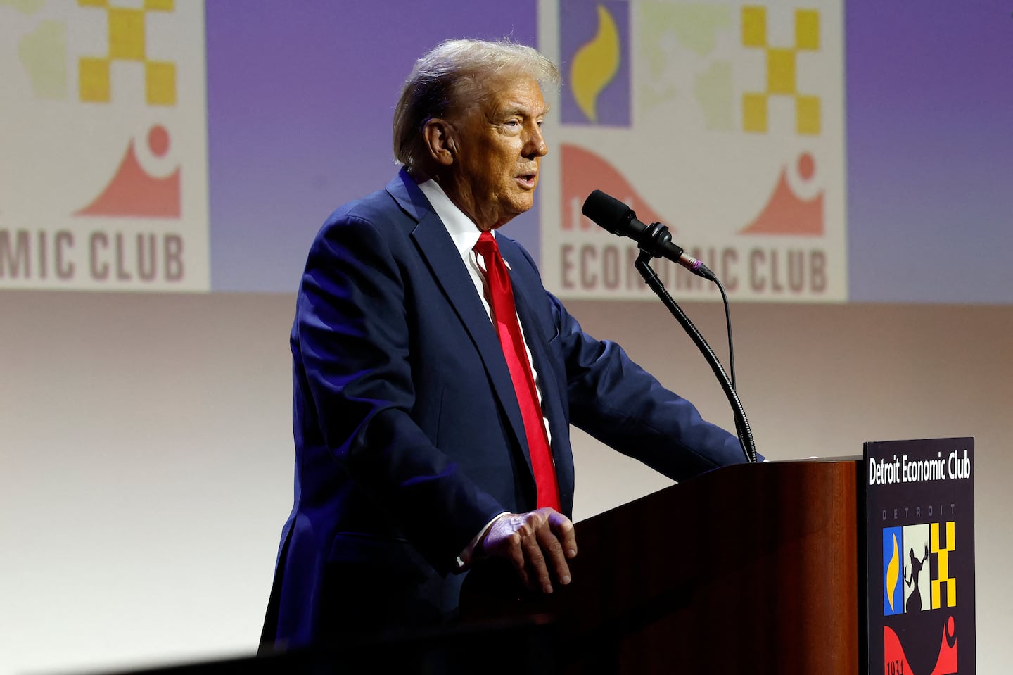 Former US President and Republican presidential candidate Donald Trump addresses the Detroit Economic Club at the Motor City Casino in Detroit, Michigan on October 10, 2024.