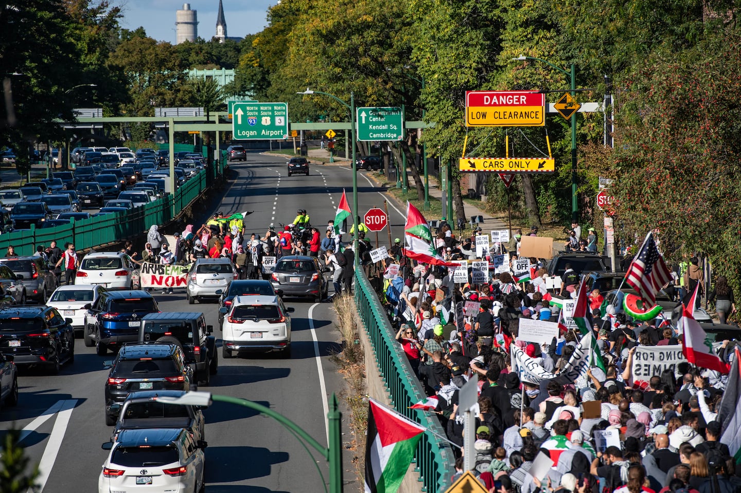 Pro-Palestinian demonstrators marched during a rally to mark one year of the war between Hamas and Israel in Boston, Oct. 6.