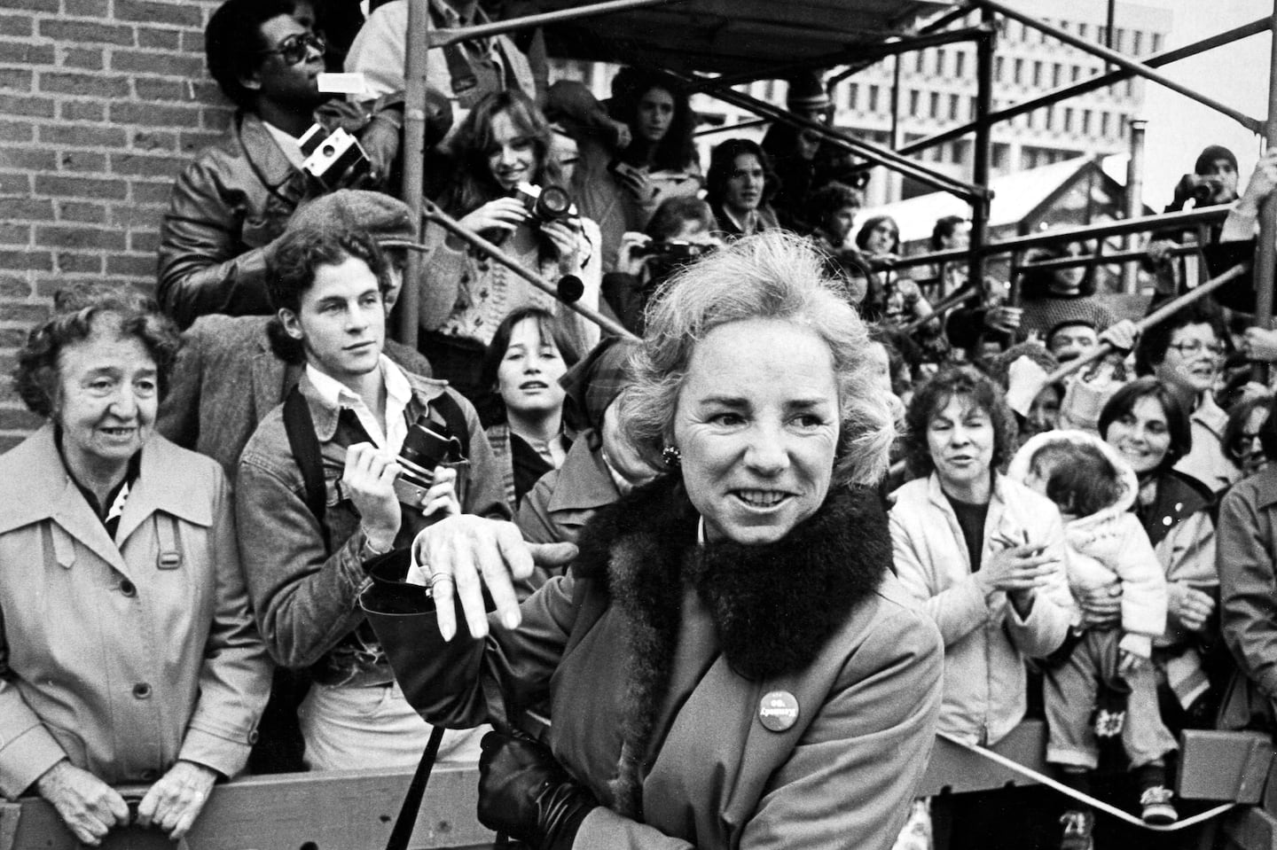 Ethel Kennedy interacted with the crowd at Faneuil Hall in Boston on Nov. 7, 1979, during Senator Edward M. Kennedy's announcement that he would be running in the 1980 United States presidential election.