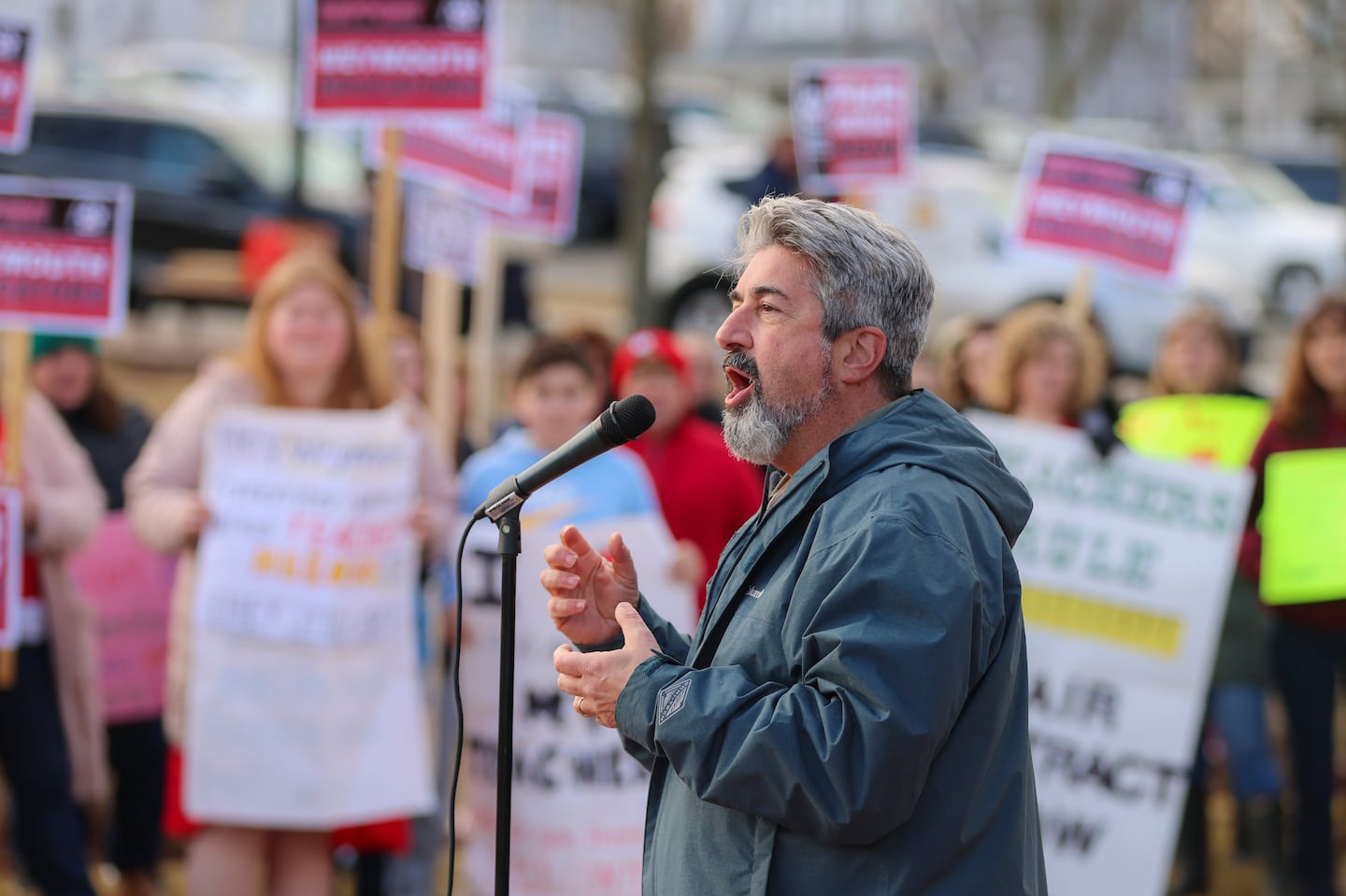 Max Page, president of the Mass Teachers Association, spoke at a rally for a fair teachers contract outside of the Weymouth Town Hall on March 2, 2023.