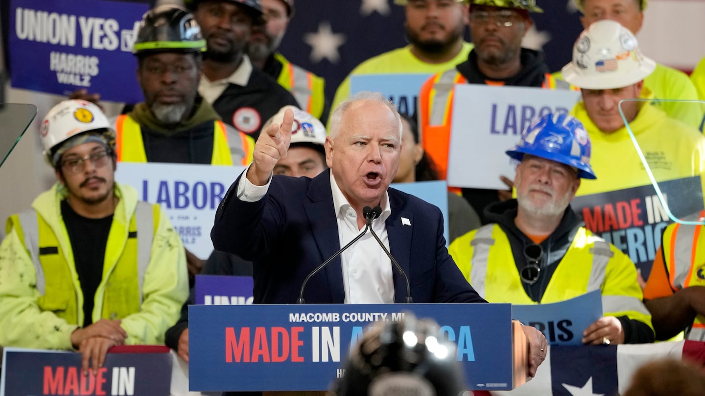 Democratic vice presidential nominee Minnesota Governor Tim Walz speaks during a campaign event, Friday, Oct. 11, 2024, in Warren, Mich.