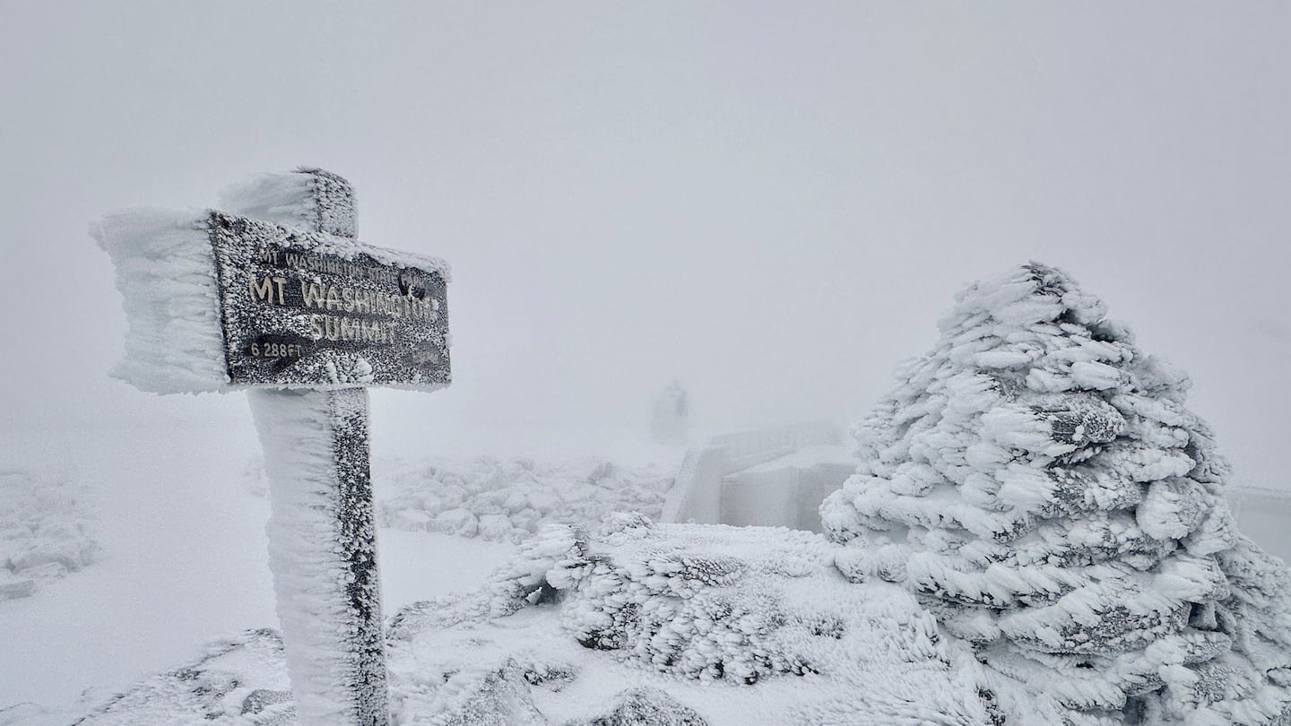 The snowy scene atop Mount Washington on Thursday.