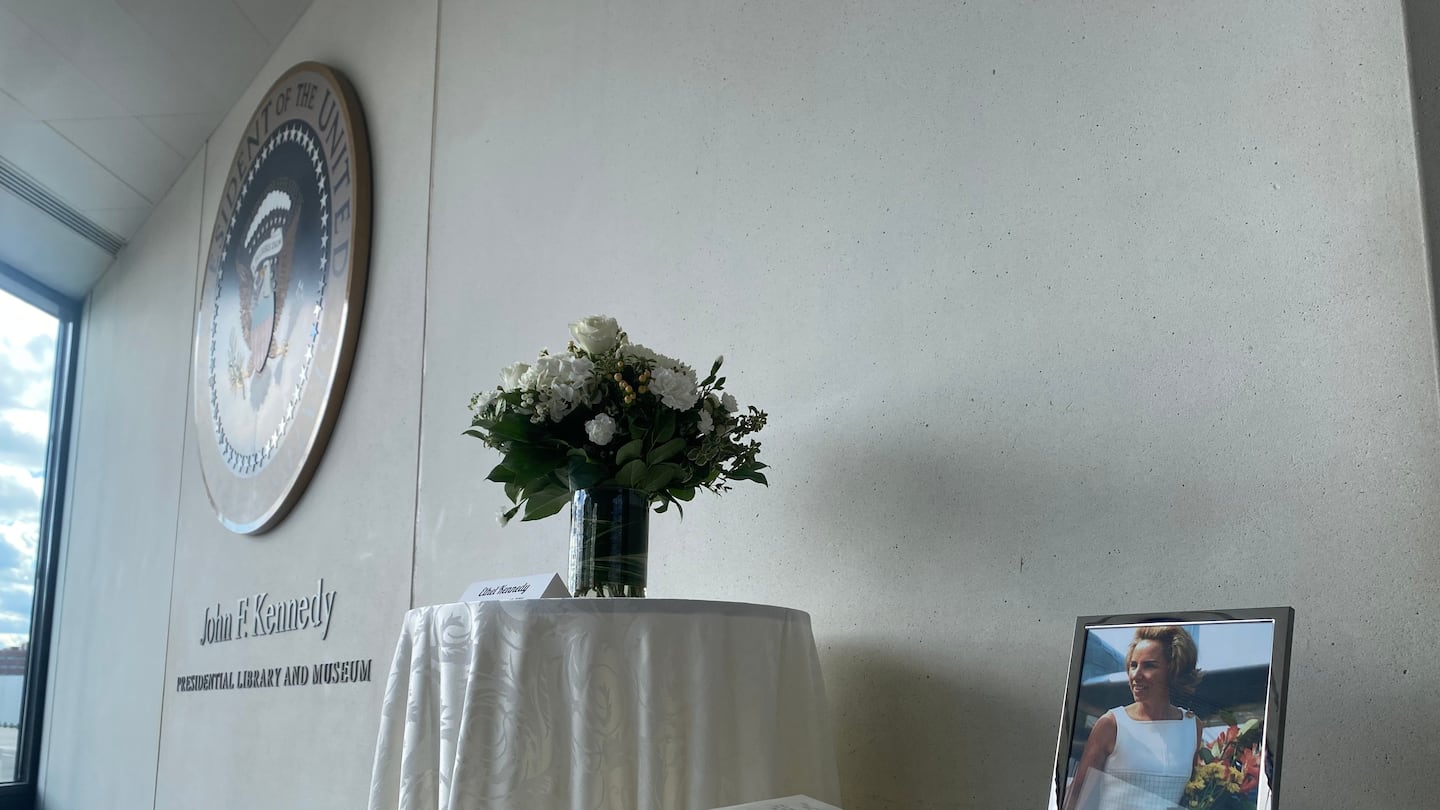 The memorial for Ethel Kennedy in the lobby of the John F. Kennedy Presidential Library and Museum in Dorchester on Thursday.