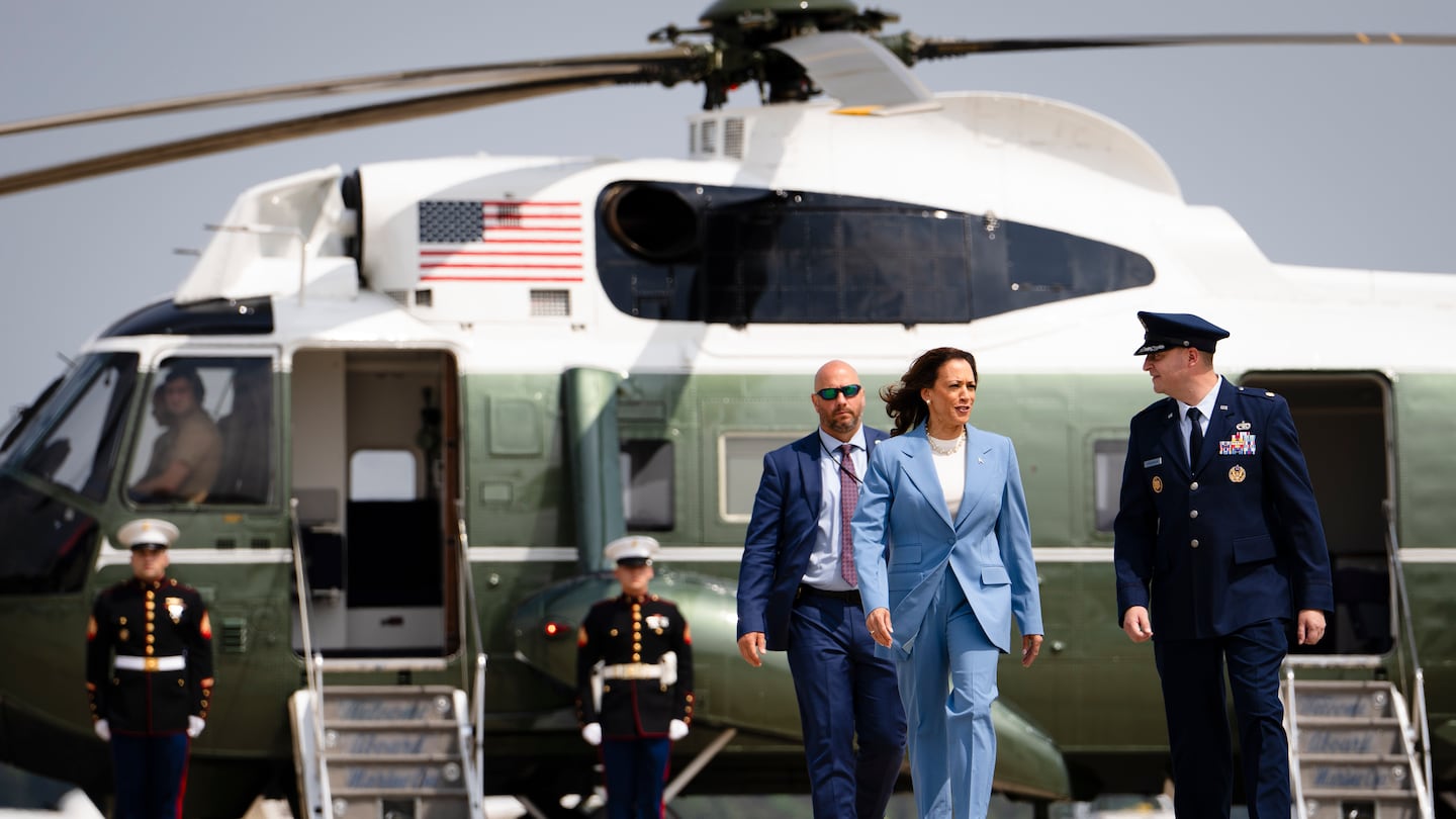 Vice President Kamala Harris walks to board Air Force Two at Joint Base Andrews in Maryland, on Friday, Aug. 16, 2024.