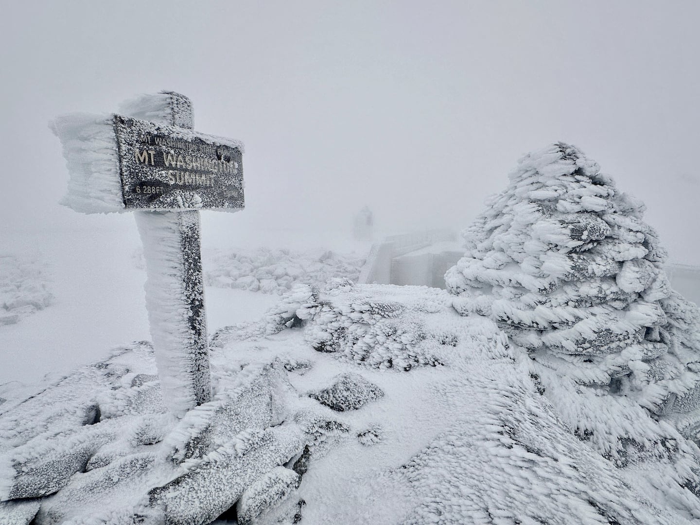 The snowy scene atop Mount Washington on Thursday.