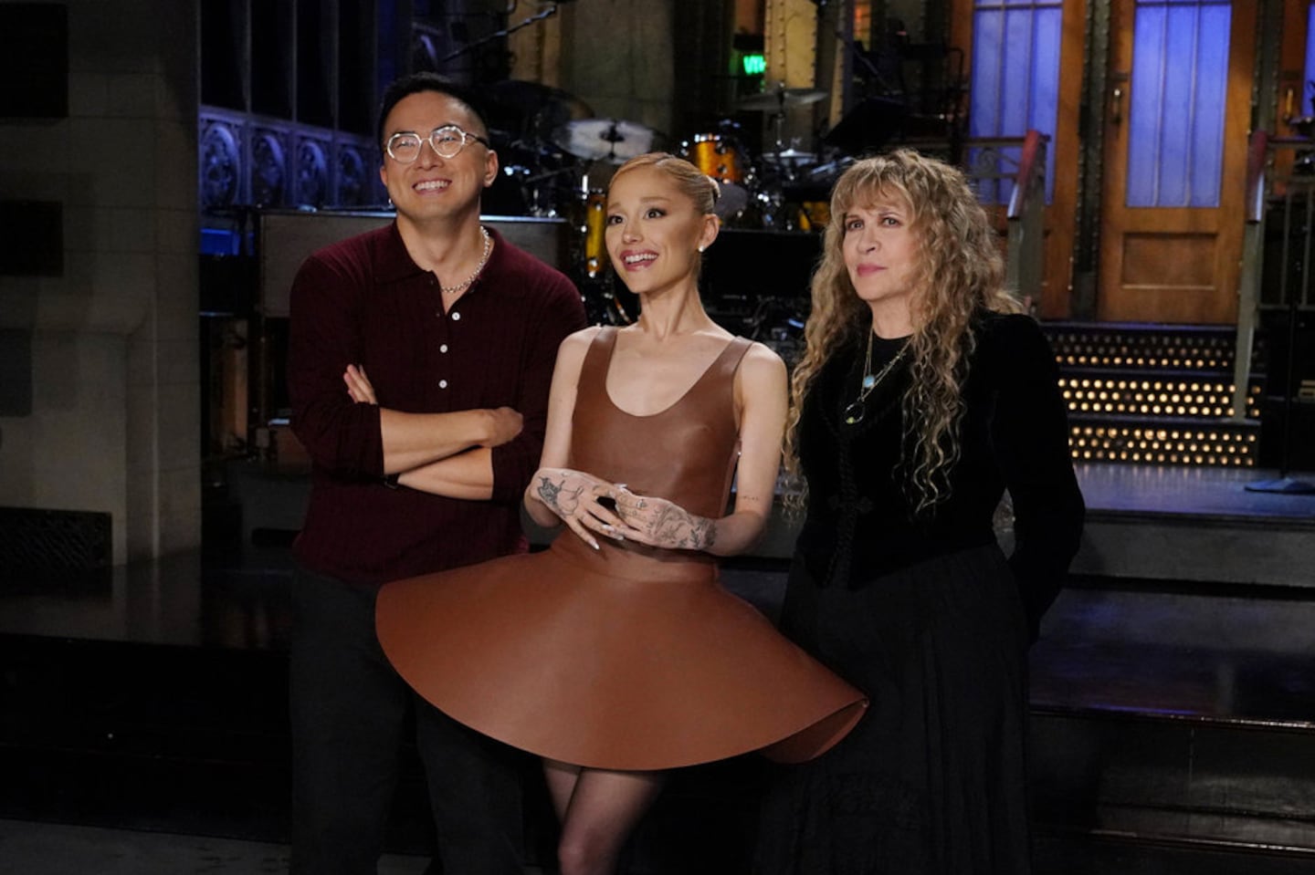 From left: Bowen Yang, host Ariana Grande, and musical guest Stevie Nicks during Promos in Studio 8H on Thursday.