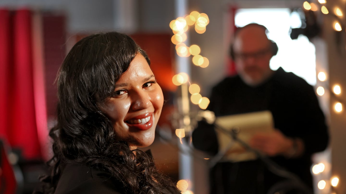 Latin soul singer and Boston Music Award winner Yelena (La Rosa) Rodriguez in the Stillpoint Sound recording studio in Rockland.