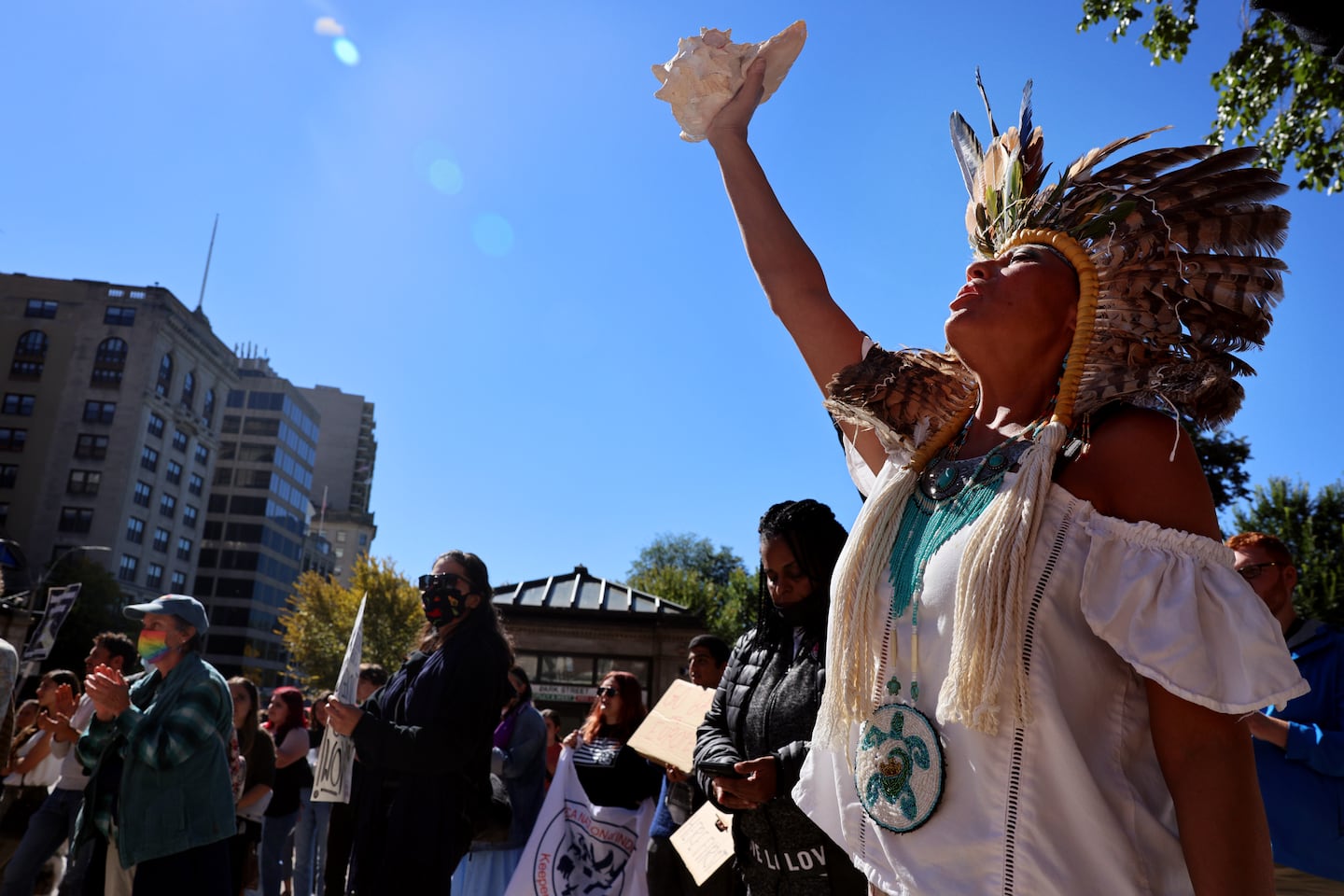 Chali'naru Dones joined a 2022 rally to observe Indigenous Peoples Day at the Park Street Station in Boston.