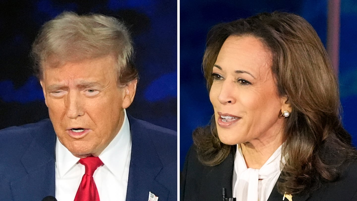 This combination of photos shows Republican presidential nominee former president Donald Trump, left, and Democratic presidential nominee Vice President Kamala Harris during an ABC News presidential debate at the National Constitution Center, Sept. 10, 2024, in Philadelphia.