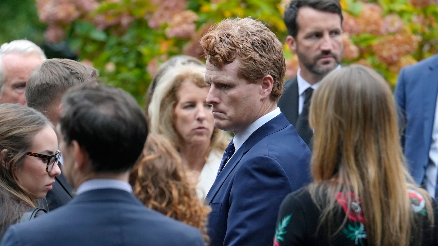 Joseph Kennedy III, center right, grandson of the late Ethel Kennedy, arrives at Our Lady of Victory church for Ethel Kennedy's funeral on Monday in Centerville.