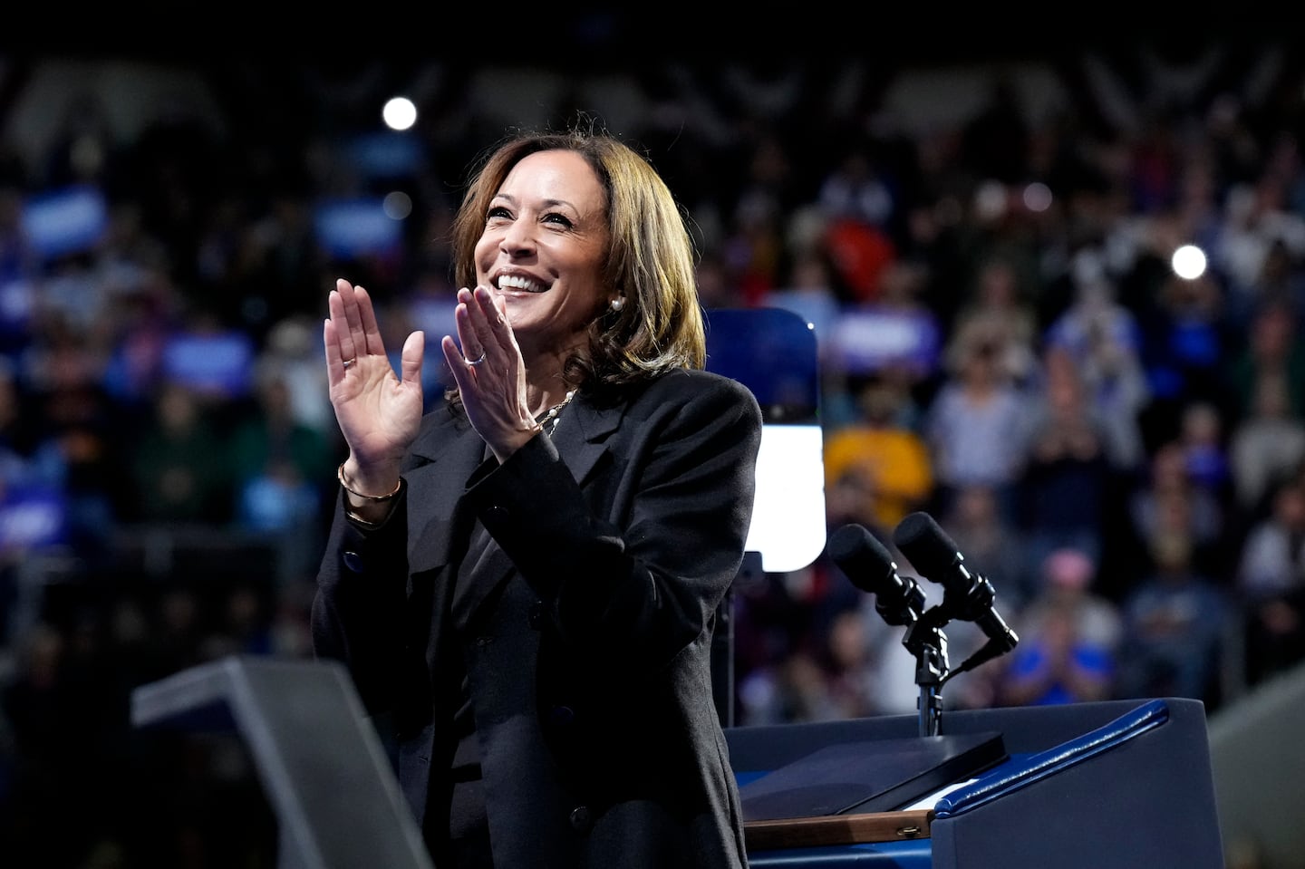 Vice President Kamala Harris on stage during a campaign rally at Erie Insurance Arena, in Erie, Pa., on Oct. 14.