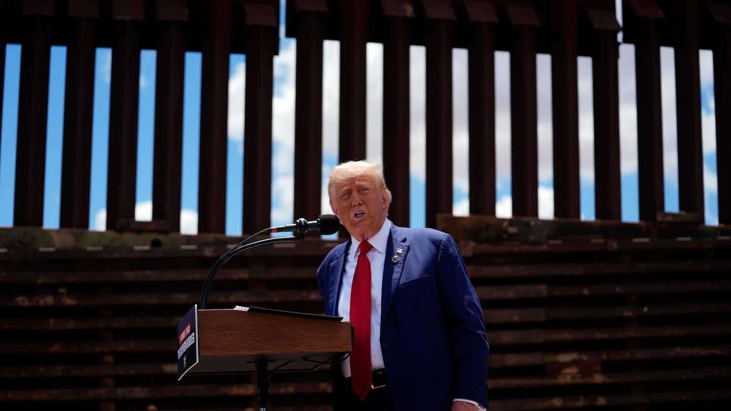 Former president Donald Trump speaks along the southern border with Mexico, on Aug. 22, in Sierra Vista, Ariz.