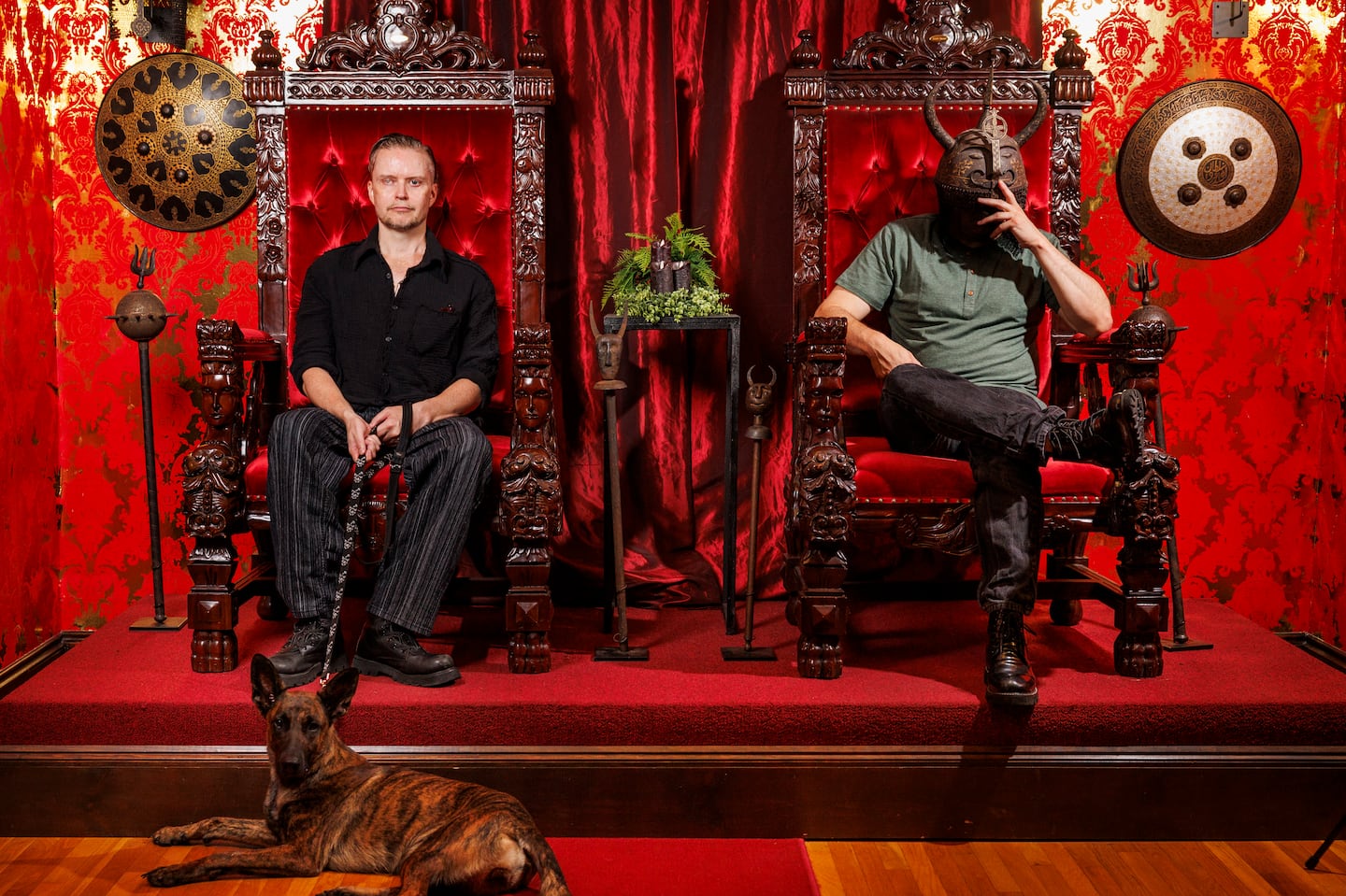 The cofounders of The Satanic Temple, who go by the pseudonyms Lucien Greaves (left) and Malcolm Jarry, at headquarters  in Salem.