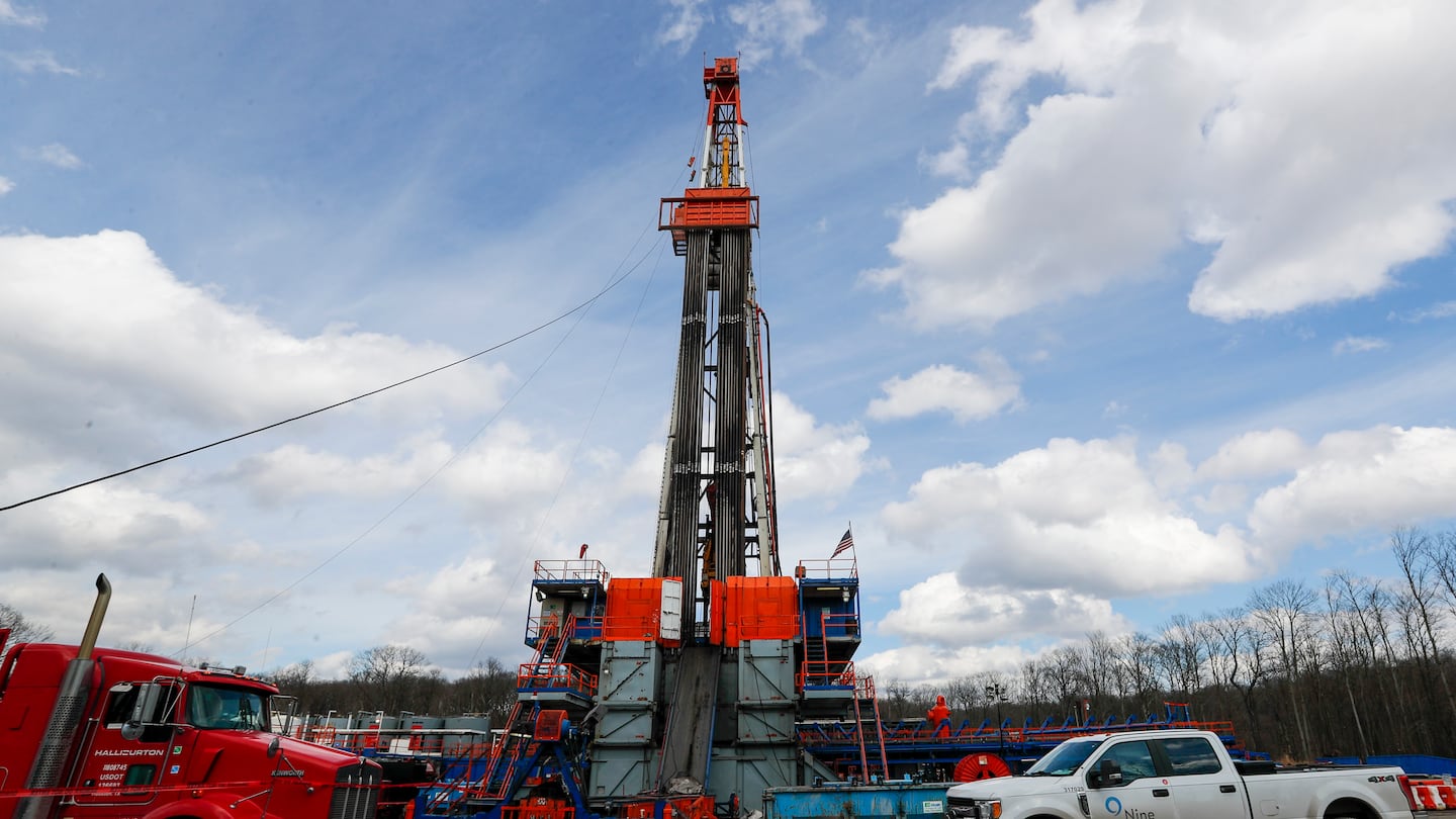 Work continues at a shale gas well drilling site in St. Mary's, Pa., March 12, 2020.