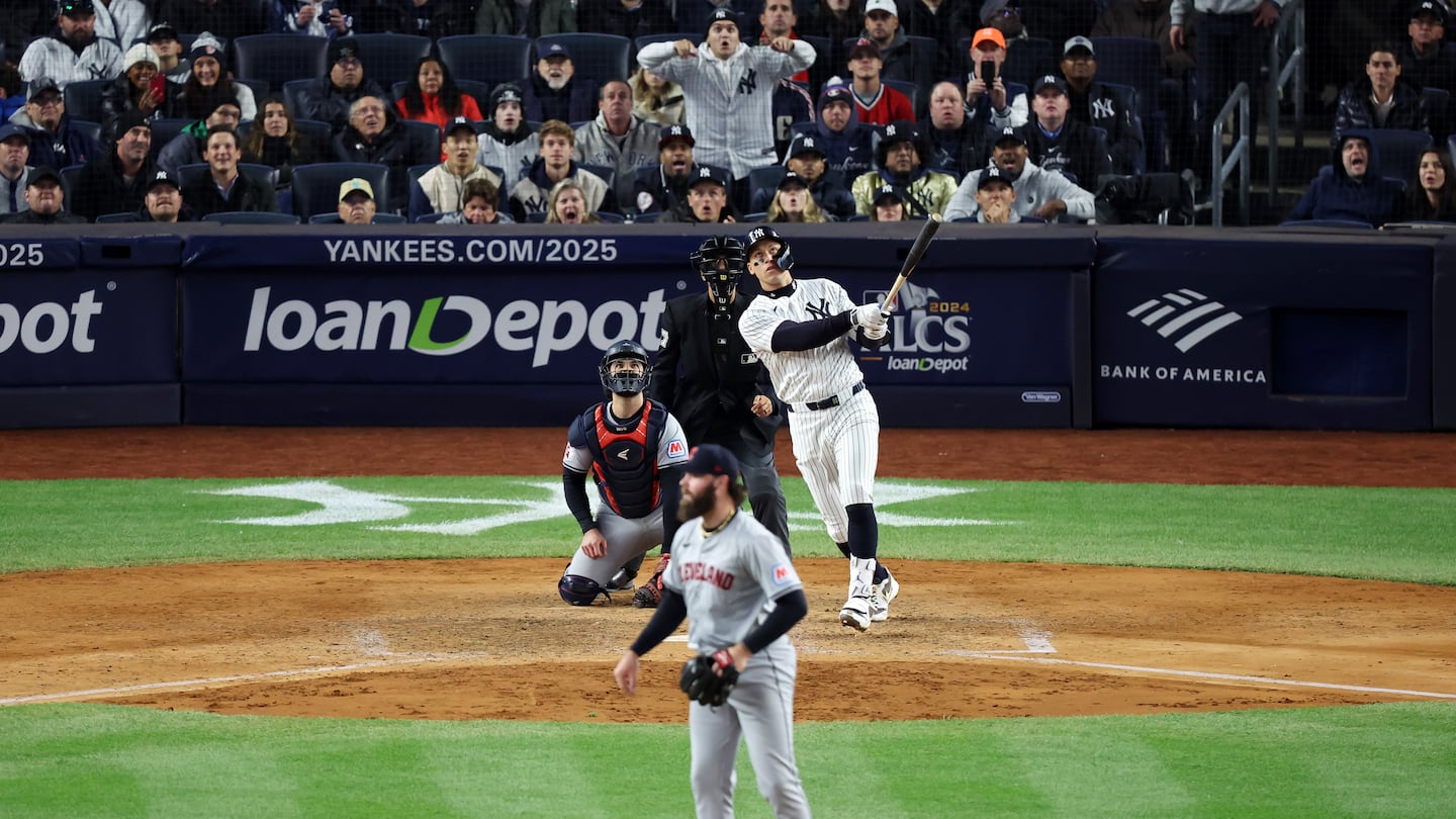 Aaron Judge tagged the Guardians' Hunter Gaddis, the seventh of eight Cleveland pitchers, for a two-run home run in the seventh inning.