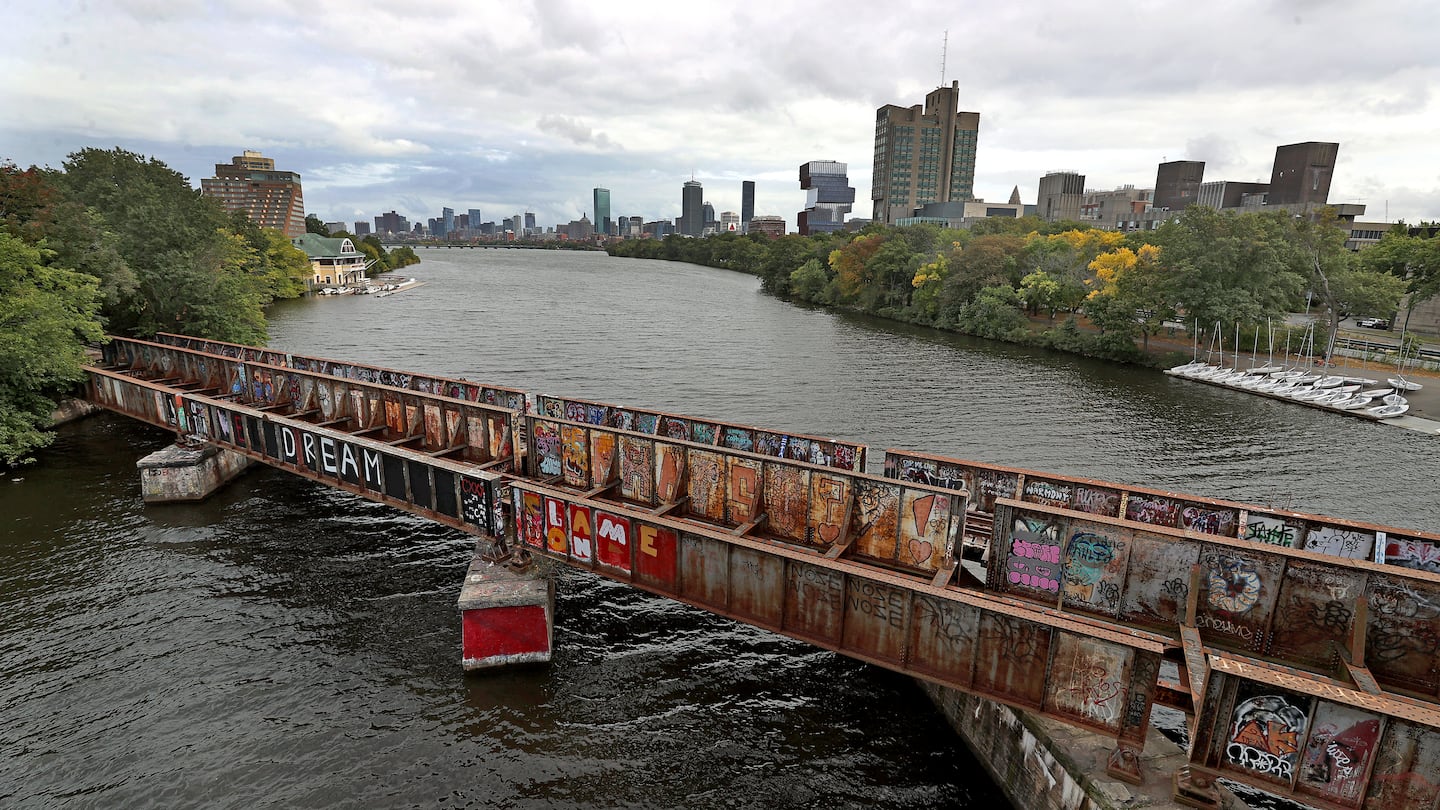 The Grand Junction train bridge over the Charles River seen from the Boston University Bridge