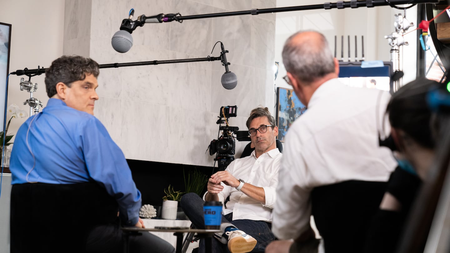 "Safe Sets" director Paul Heinzelmann, left, interviewing actor Jon Hamm.