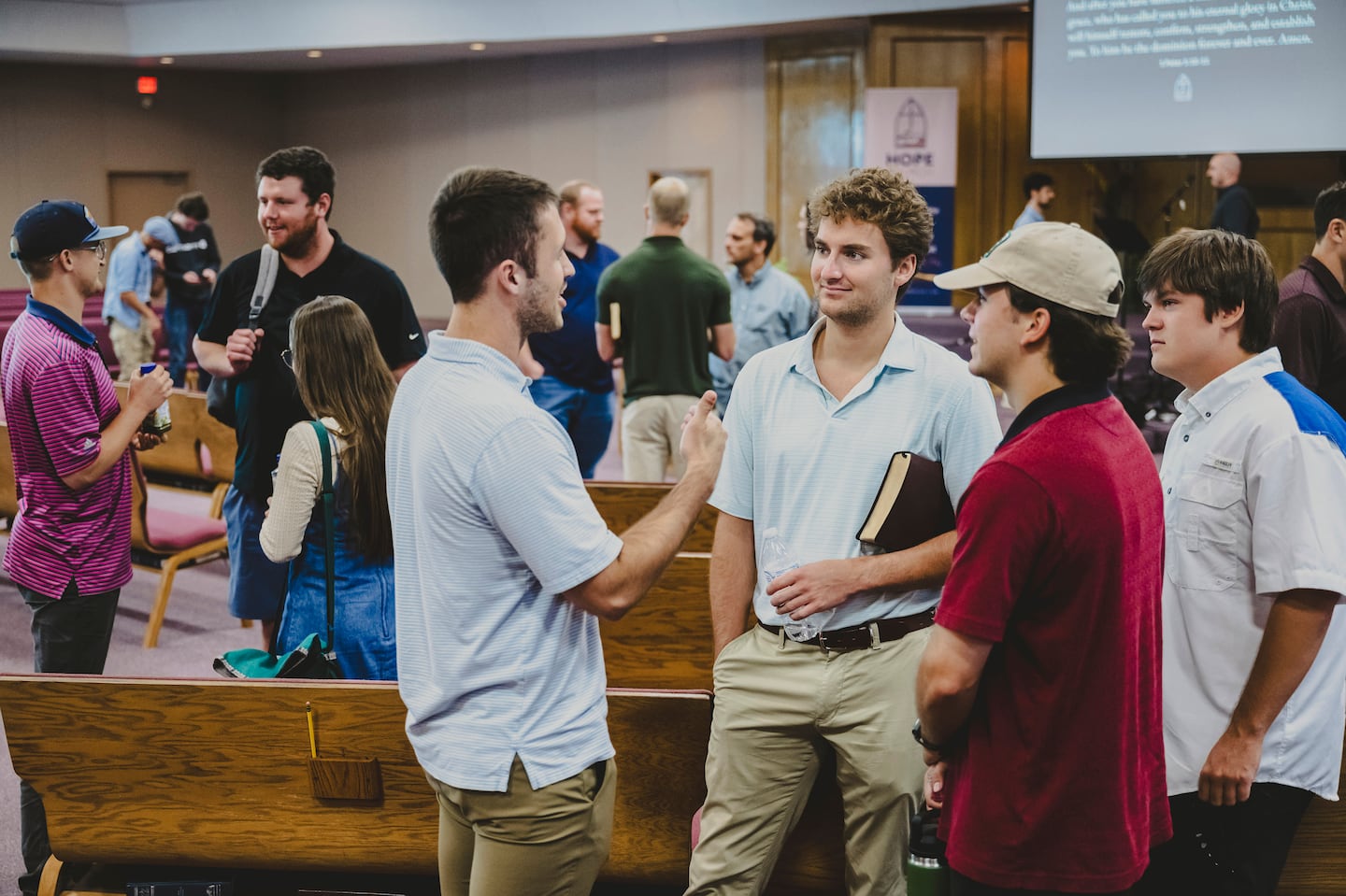 Churchgoers talked after a worship service at Hope Church, where leaders have noticed that young men outnumber young women in their pews, in Robinson, Texas, Sept. 8.