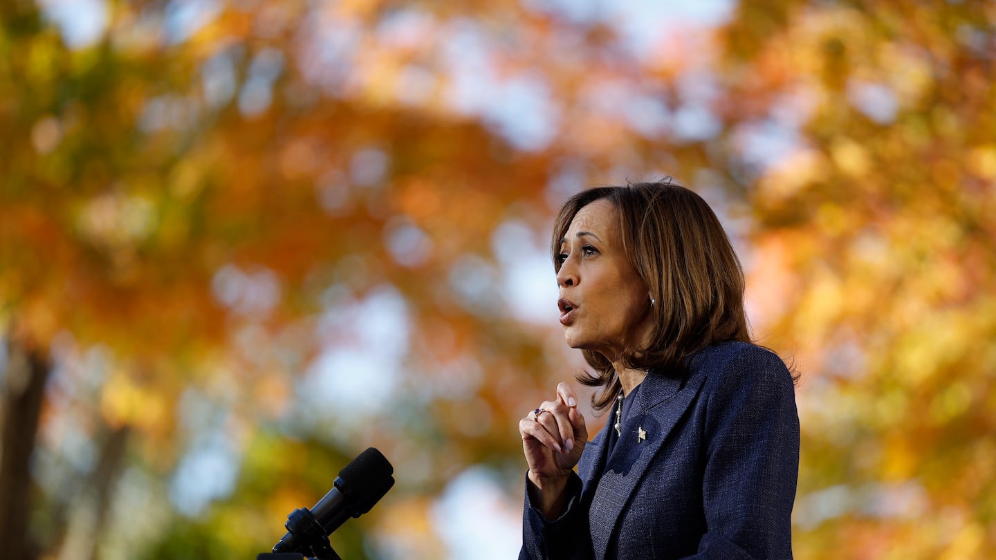 Vice President Kamala Harris speaks at a campaign event at Washington Crossing Historic Park on Oct. 16, 2024 in Washington Crossing, Penn.