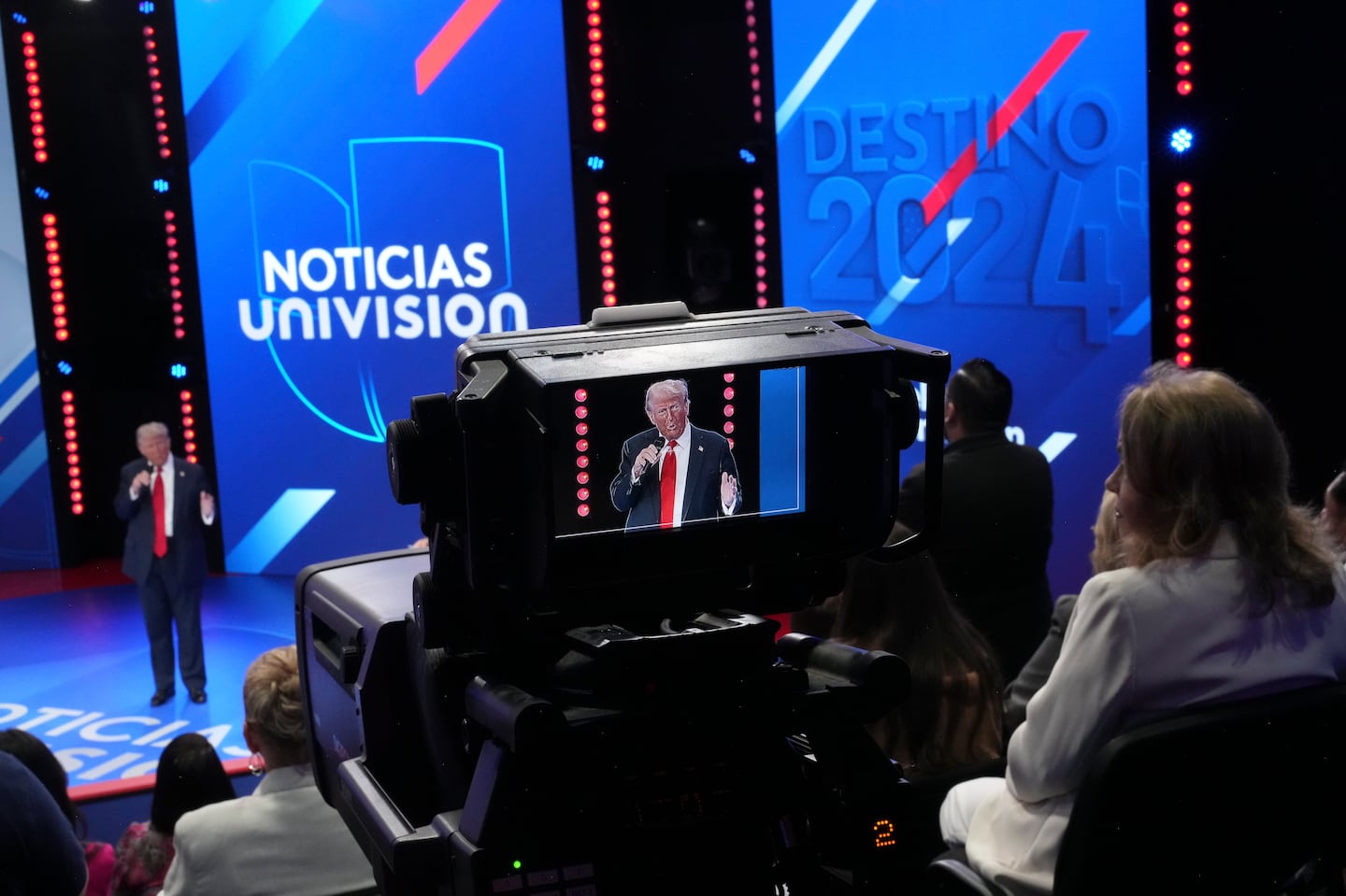 A television camera’s monitor displays former president Donald Trump, the Republican presidential nominee, during a town hall event at the Univision studios in Doral, Fla., Oct. 16, 2024.